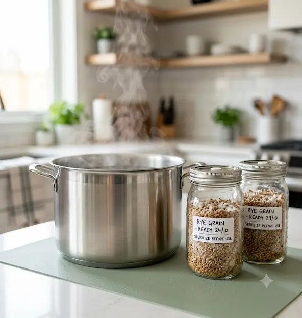 Olla metálica grande expulsando vapor junto a frascos de vidrio con grano para esterilizar sin olla a presión.