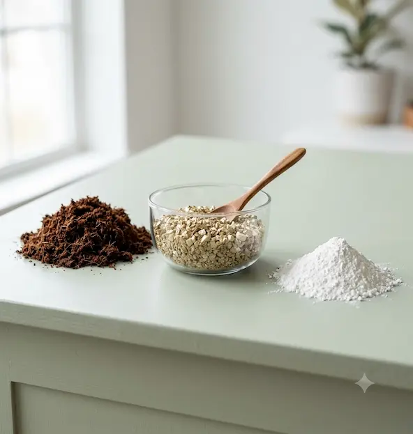 Ingredientes para hacer sustrato de cultivo de hongos: mezcla de fibra de coco hidratada, vermiculita y yeso micológico.
