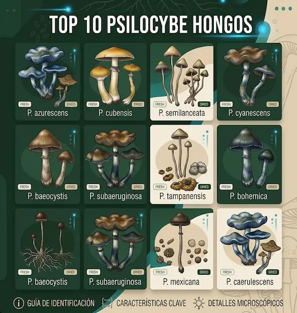 Guía visual y listado numerado con 10 especies y variedades de hongos micológicos con sus nombres científicos.