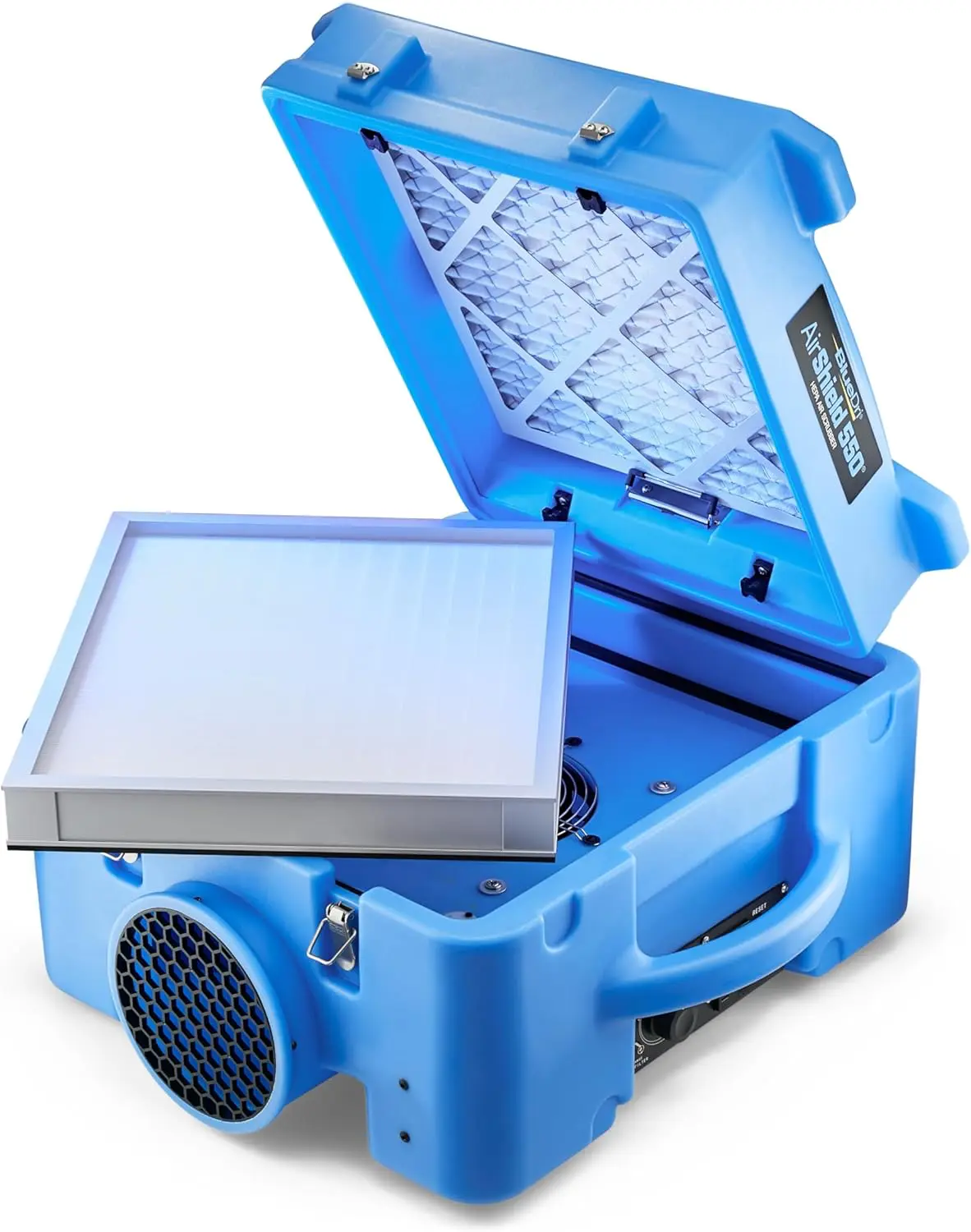 Sistema de filtración HEPA de 3 etapas abierto mostrando prefiltro blanco, filtro de carbón activado negro y filtro HEPA principal para purificación de aire en cultivo de hongos y laboratorios de micología - SporaTech