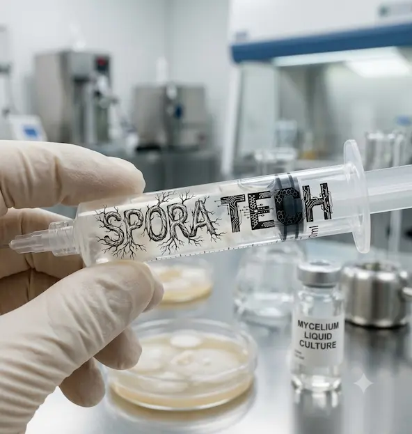 Mano con guante de laboratorio sosteniendo una jeringa de micelio líquido estéril con el logo de Sporatech en un laboratorio micológico.