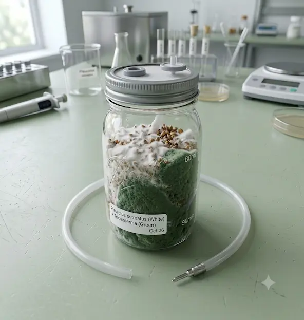 Frasco de vidrio para cultivo de hongos sobre mesa de laboratorio limpia para ilustrar cómo prevenir el moho verde Trichoderma.