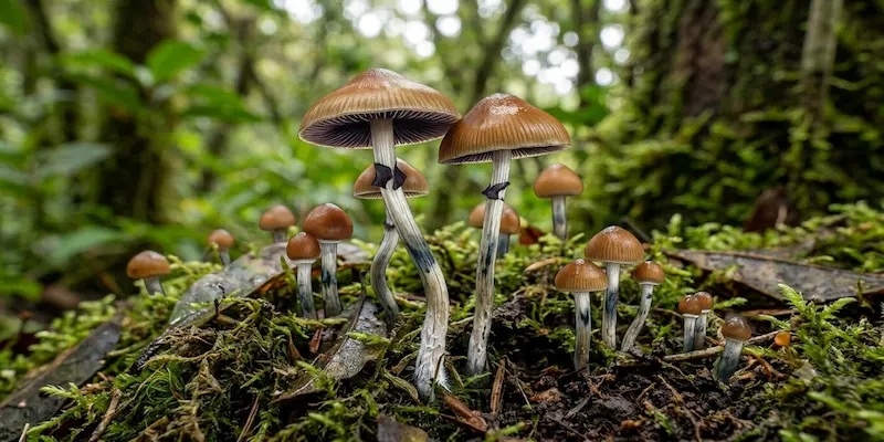 Hongos Psilocybe mexicana delicados creciendo sobre un lecho de musgo verde húmedo.