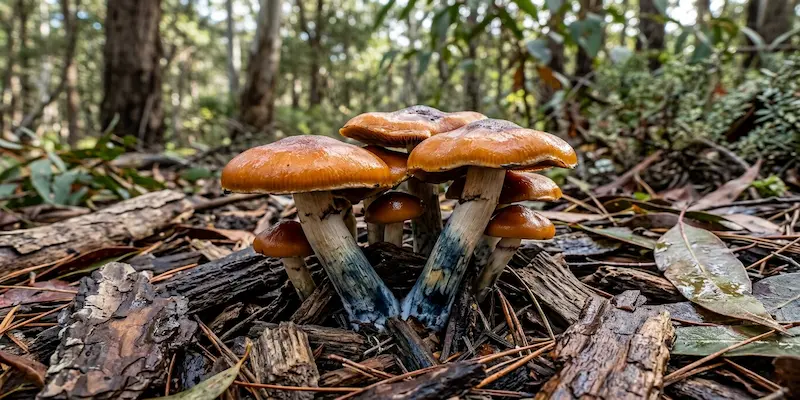 Hongos Psilocybe subaeruginosa creciendo sobre corteza de eucalipto con manchas azuladas intensas.