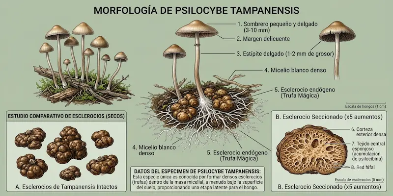 Esclerocios o trufas de Psilocybe tampanensis junto a pequeños ejemplares de hongos con sombrerillo delgado.