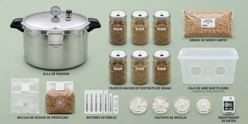 Vista superior organizada de herramientas y suministros micológicos: olla a presión, frascos con filtros PTFE, bolsas de PP, sorgo y bisturí.