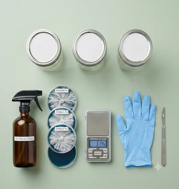 Vista superior organizada con herramientas y equipos para cultivar hongos: frascos mason, placas de petri, alcohol y guantes.